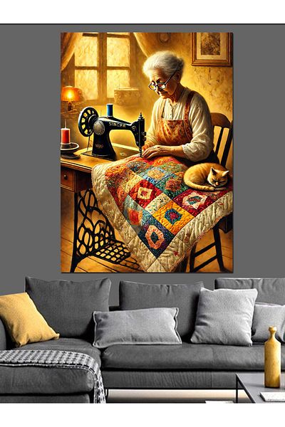 Tablomega Old Lady and Sewing Machine Decorative Canvas - Mdf Wood Painting