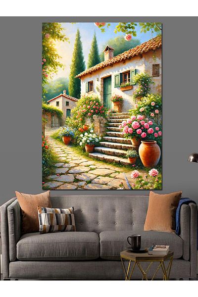 Tablomega Stone House and Flower Garden Decorative Canvas - Mdf Wooden Table