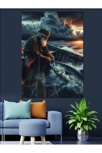 Tablomega Old Fisherman and Clouds in a Boat Decorative Canvas - Mdf Wooden Painting