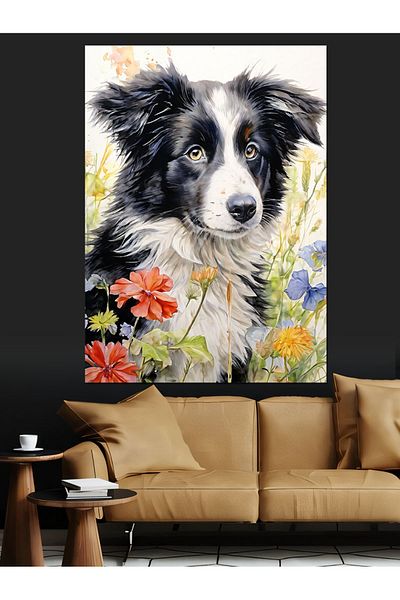 Tablomega Black and White Dog and Flowers Decorative Canvas - Mdf Wooden Painting