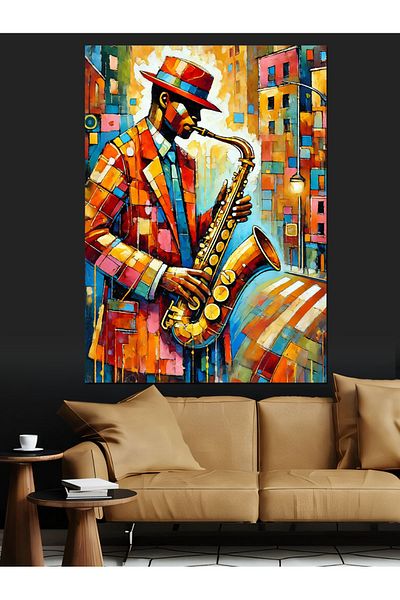 Tablomega Saxofonist de jazz și pânză decorativă cu energie colorată - pictură din lemn MDF