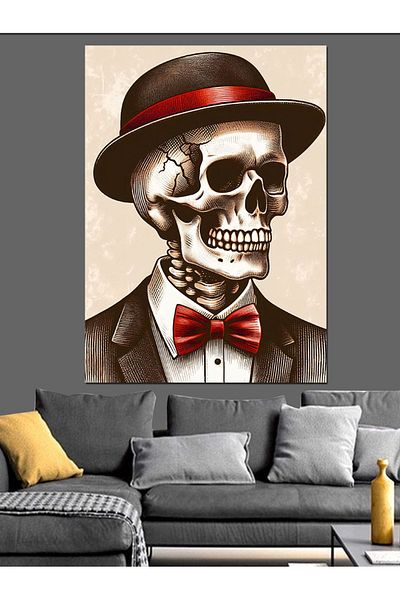 Tablomega Skull Figure Decorative Canvas with Hat - Mdf Wooden Painting