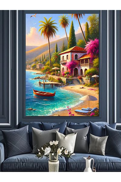 Tablomega Coastă mediteraneană și case colorate Pânză decorativă - Lemn MDF