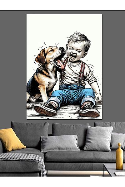 Tablomega Cute Dog and Child Decorative Canvas - Mdf Wooden Painting
