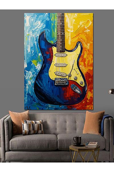 Tablomega Blue Electric Guitar Drawing Decorative Canvas - Mdf Wooden Painting