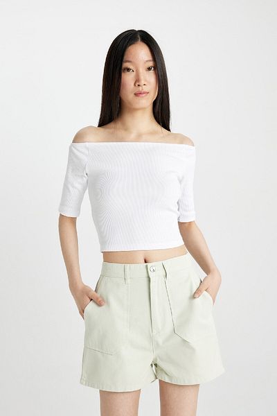 DeFacto Casual Slim Fit Ribbed Camisole T-shirt με λεπτομέρεια στον ώμο - Κοντό μανίκι C9169ax24sm
