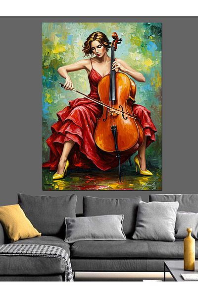 Tablomega Woman Playing Cello and Passion Decorative Canvas - Mdf Wooden Painting