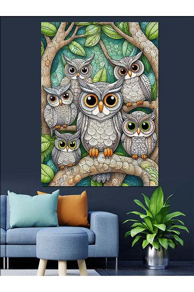 Tablomega Pânză Decorativă Familia Bufniței - Lemn MDF