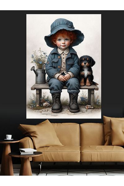 Tablomega Cute Dog and Child Decorative Canvas - Mdf Wooden Painting