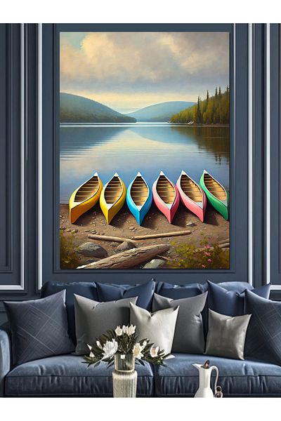 Tablomega Pânză decorativă cu barci colorate și peisaj lac - pictură din lemn MDF