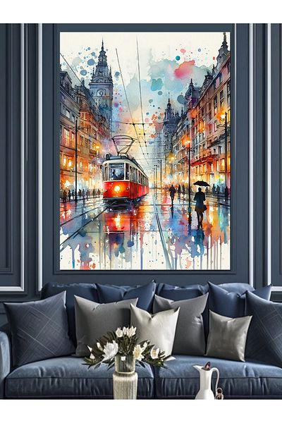 Tablomega Tram and People Oil Paint Decorative Canvas - Mdf Wooden Painting