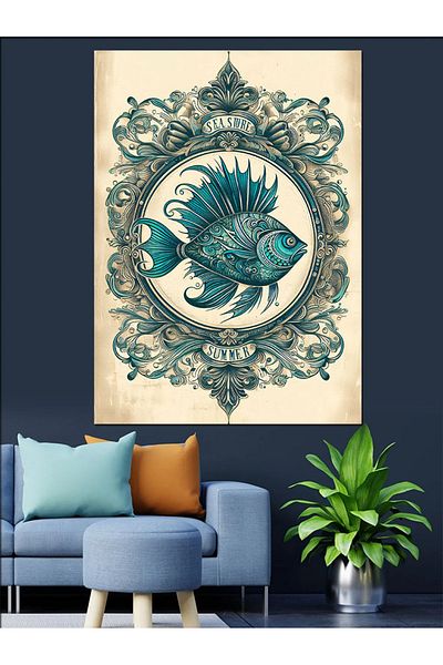 Tablomega Pânză decorativă cu pește și cadru decorativ - Lemn MDF