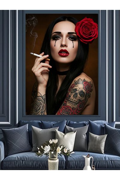 Tablomega Woman with Red Rose and Black Tattoo Decorative Canvas - Mdf Wooden Painting