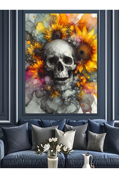 Tablomega Skull and Flowers Decorative Canvas - Mdf Wooden Painting