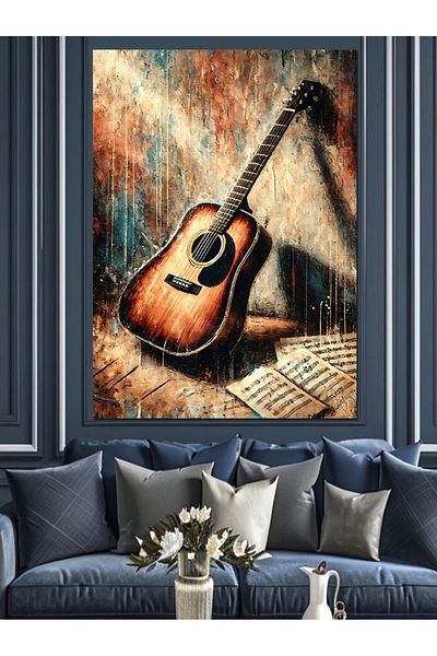 Tablomega Old Guitar and Melody Decorative Canvas - Mdf Wooden Painting