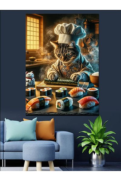Tablomega Pânză decorativă Sushi Cooking Cat - Lemn MDF