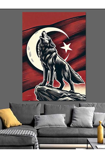 Tablomega Turkish Flag and Wolf Decorative Canvas - Mdf Wooden Painting