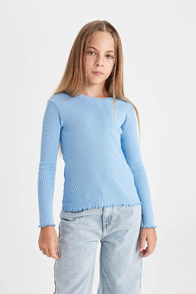 DeFacto Tricou cu mânecă lungă pentru fete, cu decolteu, de bază, uni, cu nervuri B2387a824au