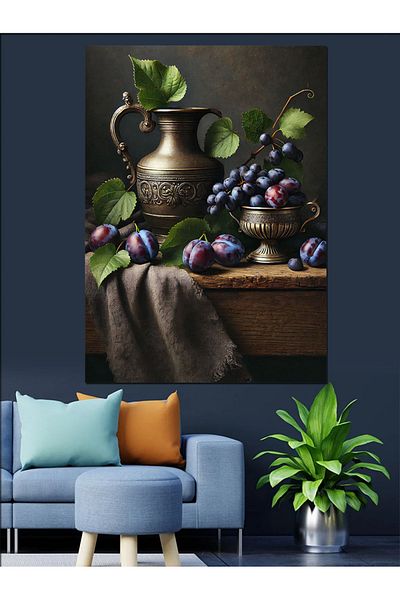 Tablomega Grape and Antique Cap Decorative Canvas - Mdf Wooden Table