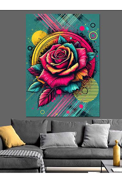 Tablomega Pânză decorativă cu model de trandafiri și linii colorate - MDF Lemn