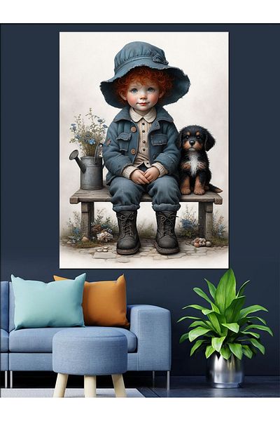 Tablomega Cute Dog and Child Decorative Canvas - Mdf Wooden Painting