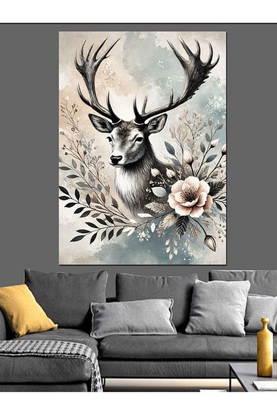 Tablomega Deer Portrait with Flowers Decorative Canvas - Mdf Wooden Painting