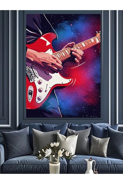Tablomega Red Guitar and Cosmic Background Decorative Canvas - Mdf Wooden Painting