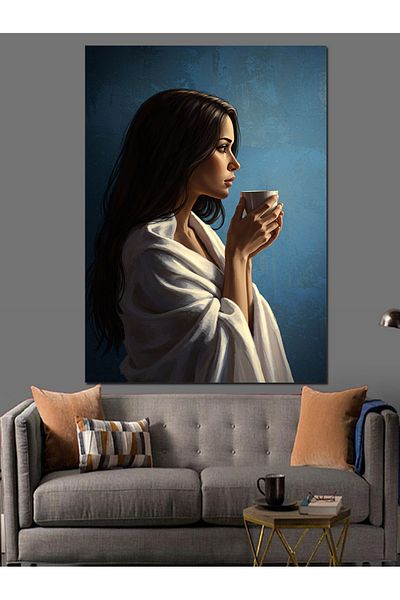 Tablomega Femeie care băut cafea Pânză decorativă - Lemn MDF