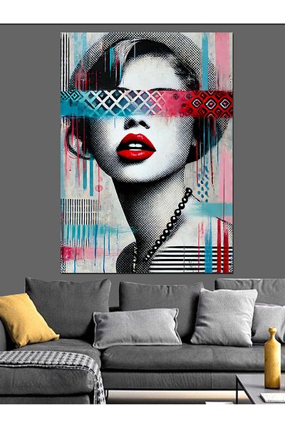 Tablomega Face Portrait Decorative Canvas with Abstract Lines - Mdf Wooden Painting