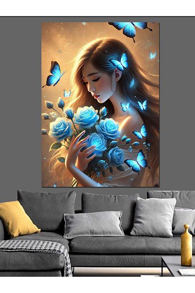 Tablomega Woman Decorative Canvas with Blue Roses - Mdf Wooden Painting