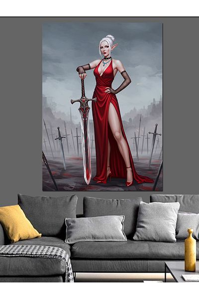 Tablomega Woman in Red Dress and Sword Decorative Canvas - Mdf Wooden Painting