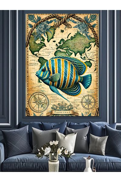 Tablomega Pânză decorativă cu pești tropicali și hartă lumii - pictură din lemn MDF