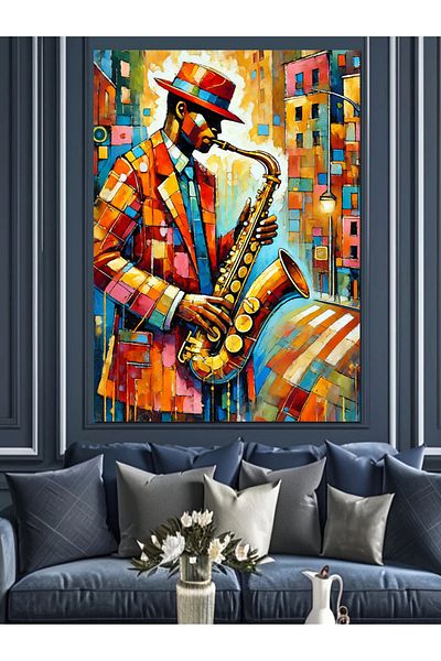 Tablomega Saxofonist de jazz și pânză decorativă cu energie colorată - pictură din lemn MDF