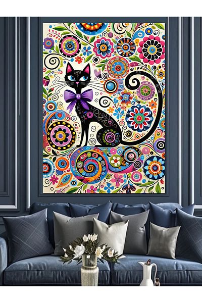 Tablomega Colorful Cat and Abstract Art Decorative Canvas - Mdf Wooden Painting