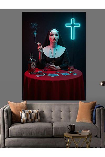 Tablomega Sister Smoking under the Holy Light Decorative Canvas - Mdf Wooden Painting
