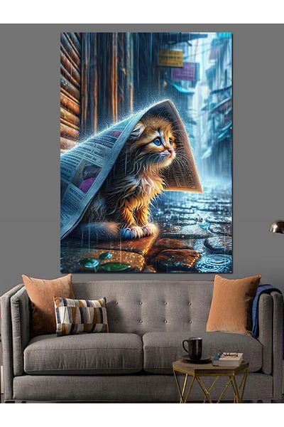 Tablomega Cat Wet in the Rain under Newspaper Decorative Canvas - Mdf Wooden Painting