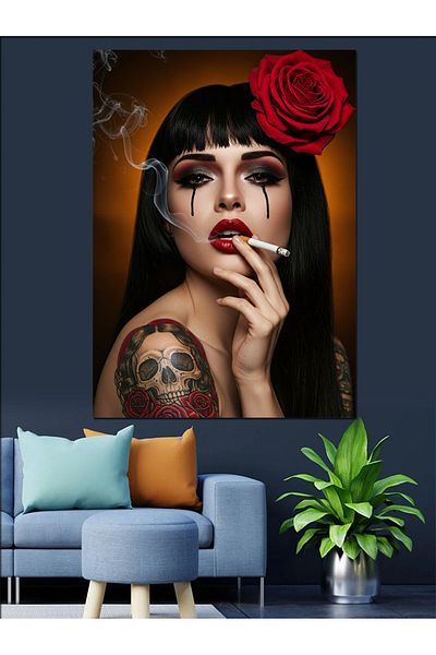 Tablomega Red Rose and Gothic Woman Decorative Canvas - Mdf Wooden Painting