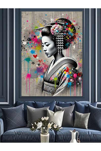Tablomega Πορτρέτο Geisha και Χρώματα Διακοσμητικός Καμβάς - Ξύλινος Πίνακας MDF