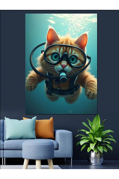 Tablomega Diver Cat under the Sea Decorative Canvas - Mdf Wooden Painting