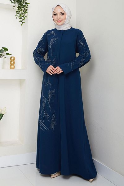 hafsamina Large-Sized Ferace with One Side and Handles of Stones Indigo Hm2711
