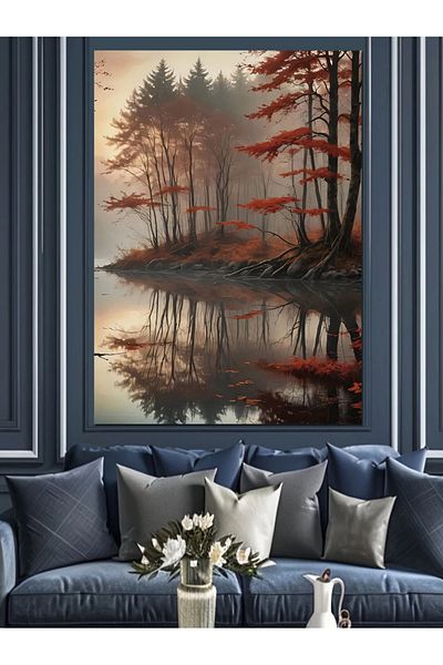 Tablomega Trees in a Foggy Forest in Autumn Decorative Canvas - Mdf Wooden Painting