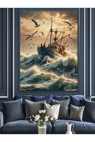 Tablomega Boat in Seagulls and Stormy Sea Decorative Canvas - Mdf Wooden Painting