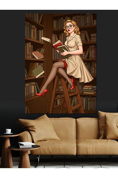 Tablomega Pânză decorativă retro pentru femei cu cărți - masă din lemn MDF