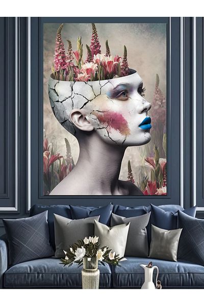 Tablomega White Woman and Flower Decorative Canvas - Mdf Wooden Painting