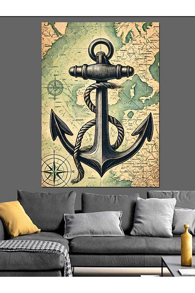 Tablomega Anchor and Sea Theme Map Decorative Canvas - Mdf Wooden Painting