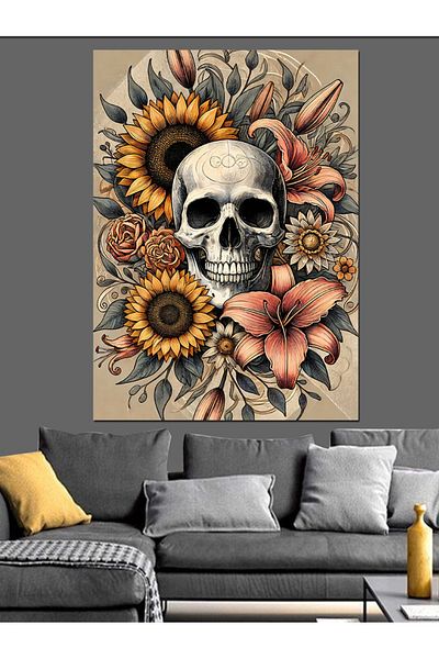 Tablomega Harmony with Skull and Flowers Decorative Canvas - Mdf Wood Painting