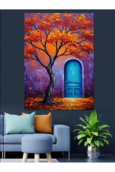 Tablomega Blue Door and Tree Decorative Canvas - Mdf Wooden Painting
