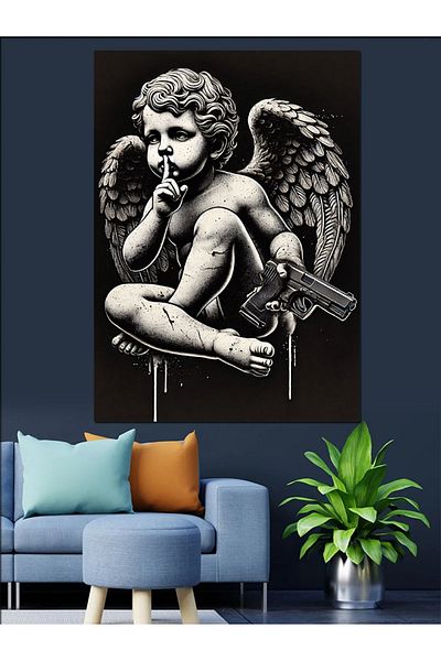 Tablomega Angel and Black and White Gun Decorative Canvas - Mdf Wooden Painting