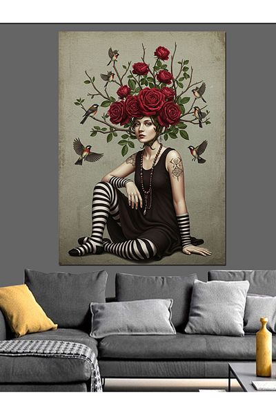 Tablomega Pânză decorativă cu figura de femeie trandafir - Lemn MDF