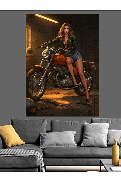 Tablomega Portrait of a Woman on a Motorcycle Decorative Canvas - Mdf Wooden Painting
